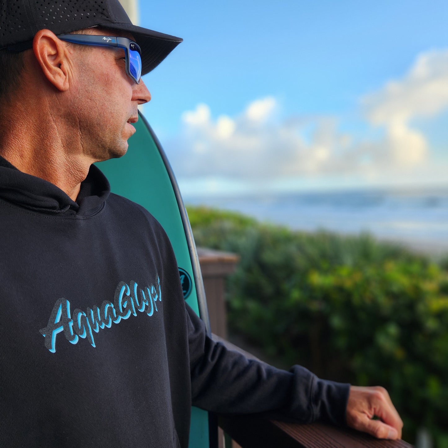 AquaGlyph Blue Wave Hoodie - Black